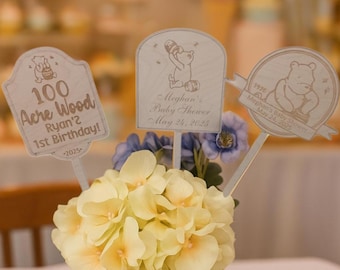 Personalized Winnie the Pooh Wood Centerpiece Picks – Baby Shower, 1st Birthday, Gender Reveal Party Décor