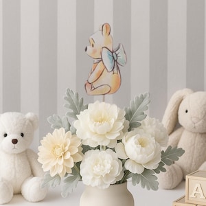 6- Double Sided Classic Winnie the Pooh with Bow Centerpiece Sticks/Picks, Centerpiece Baby Shower, Birthday, Gender Reveal