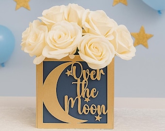 Over the Moon Baby Block Centerpiece 6x6, Celestial Shower Decor, Moon and Stars