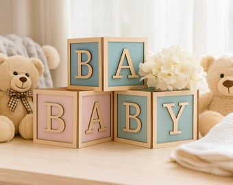 Wood Trim Baby Block Centerpiece 6x6, Rustic Baby Shower Decor