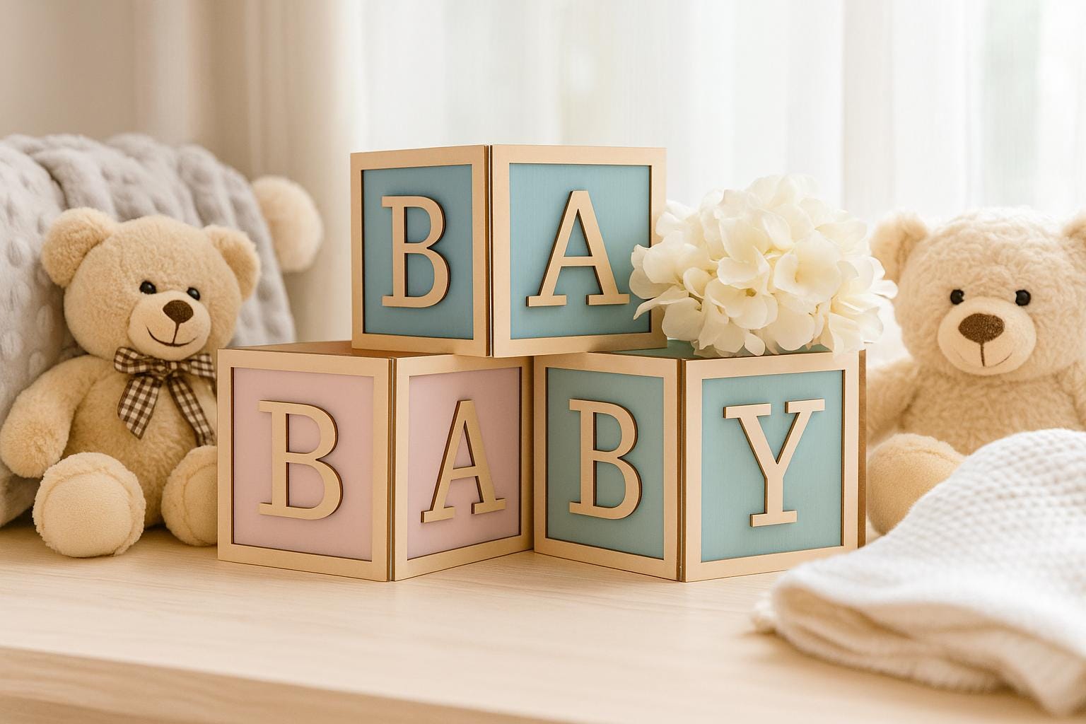 Wood Trim Baby Block Centerpiece 6x6, Rustic Baby Shower Decor