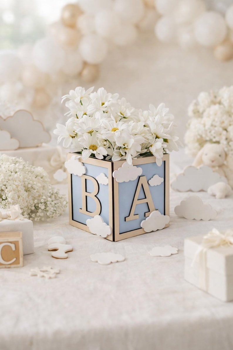 Cloud Baby Block Centerpiece 6x6, Neutral Shower Decor, Cloud Nine ...