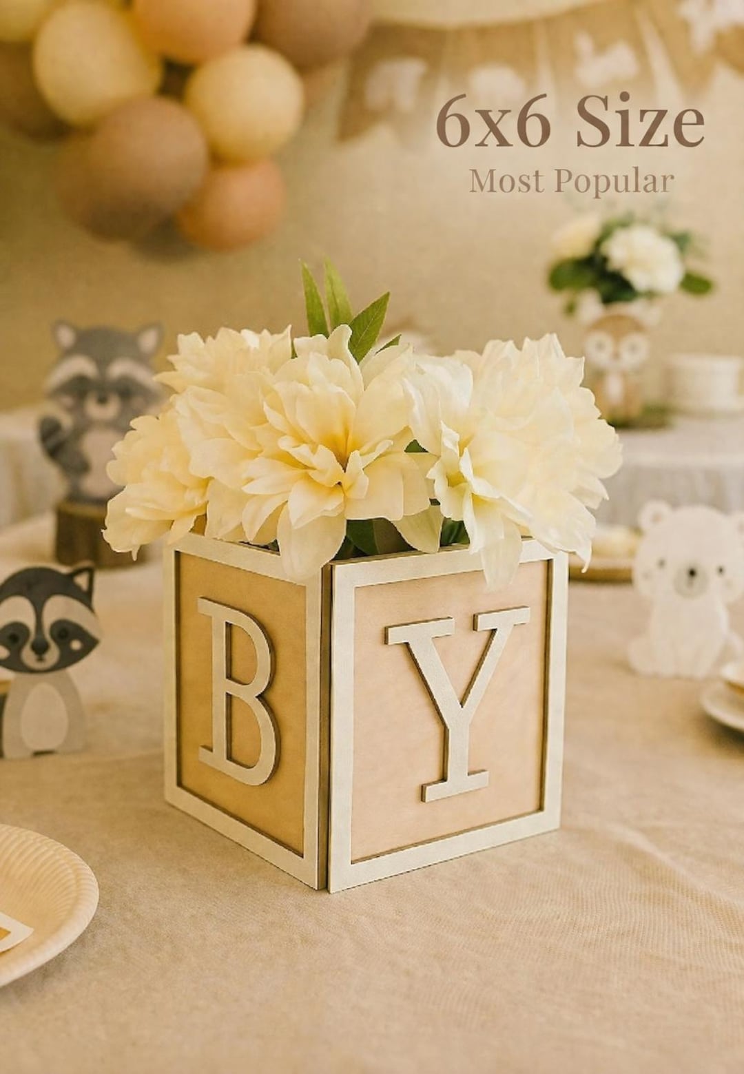 Natural Wood Baby Block Centerpiece 6x6, Neutral Baby Shower Decor