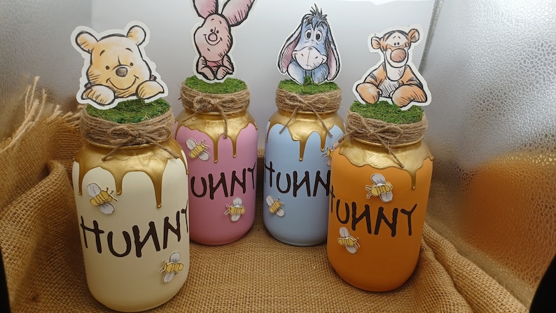 SET of 4 Watercolor Winnie the Pooh and friends Hunny Jar.