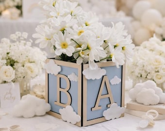 Cloud Baby Block Centerpiece 6x6, Neutral Shower Decor, Cloud Nine Decoration