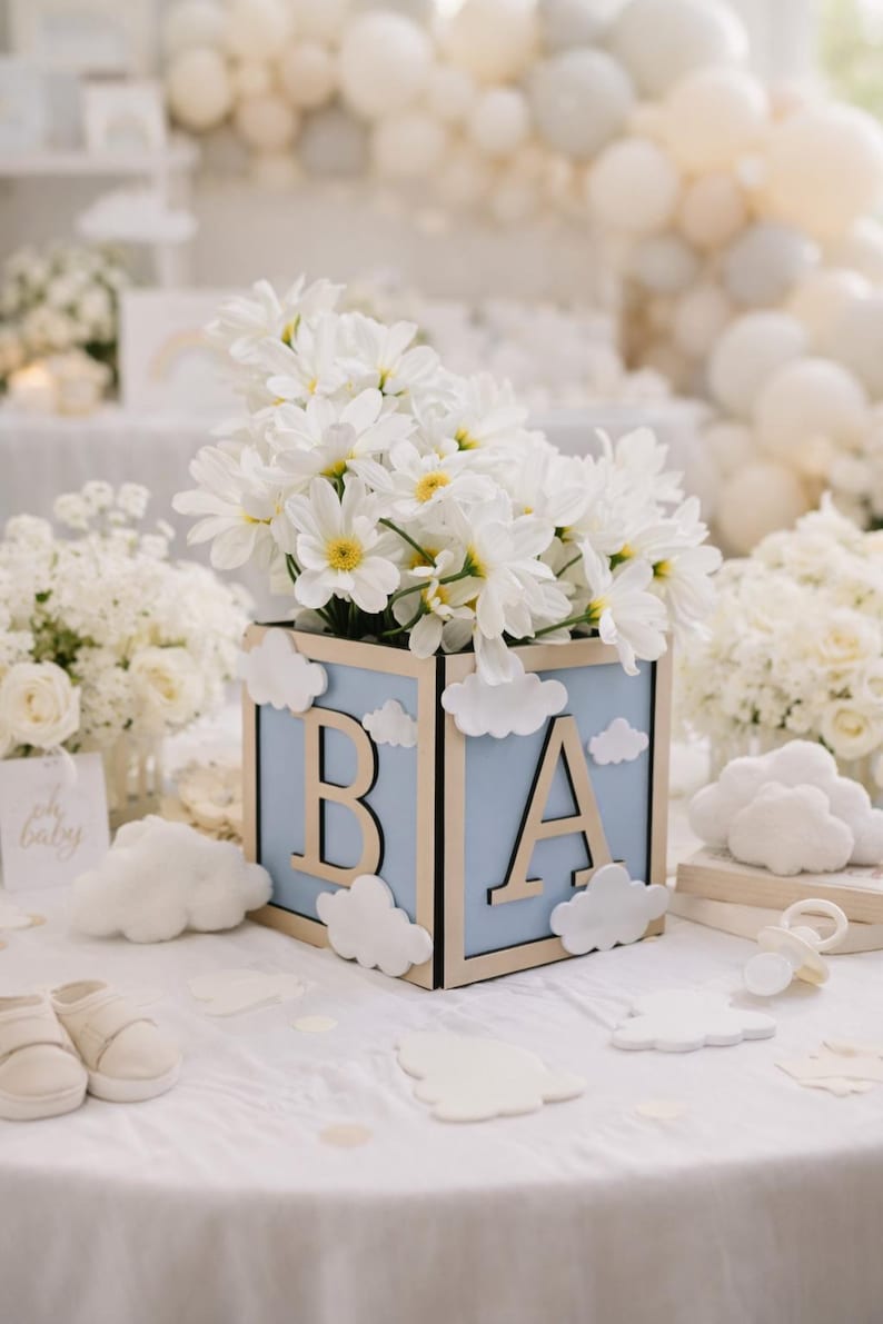Cloud Baby Block Centerpiece 6x6, Neutral Shower Decor, Cloud Nine ...