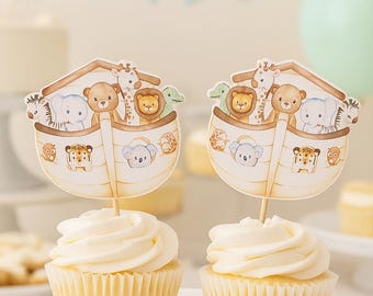 Noah&#39;s Ark Cupcake Toppers: Double-Sided Baby Shower Decorations - Set of 12