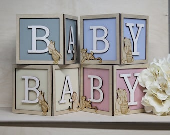 Classic Winnie the Pooh Baby Block Vase/Foral Table Centerpiece Baby Shower/ Gender Reveal/Birthday