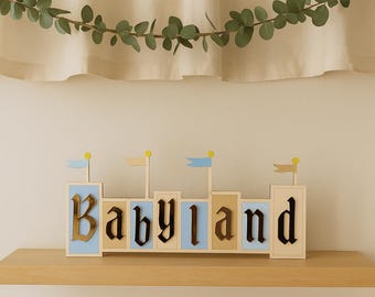 Babyland Blue/Neutral Sign – Baby Shower, Gender Reveal or Birthday Centerpiece – Fairytale Party Decor Disneyland-Inspired