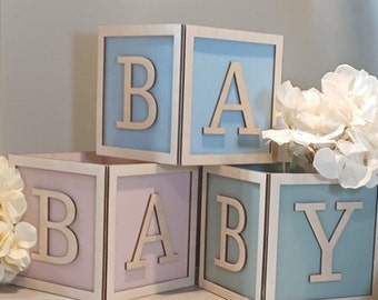 NEW! Natural Wood Trim Baby Block Centerpiece, Party decoration for Baby Shower, Gender Reveal, Birthday Parties