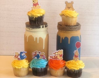 12-NEW for 2024!! Baby Winnie the Pooh and friends Cupcake Picks, Baby Shower Birthday, Gender Reveal Cupcake topper