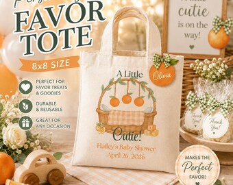 A Little Cutie Baby Shower Favor Bags, Personalized Orange Theme Tote Bags, Baby Shower Party Favors