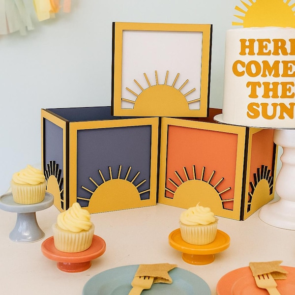 Sun Baby Shower Centerpiece Box 6x6, Here Comes the Son Decor, Boho Sunshine Party Block