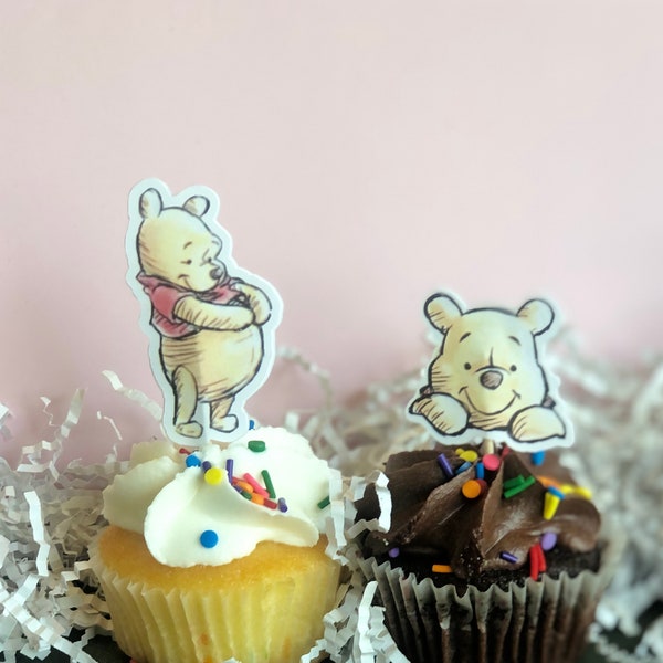 12-Double Sided Watercolor/classic Winnie the Pooh and Classic Pooh Cupcake Toppers,baby shower,1st birthday parties