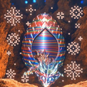 May include: A colorful, iridescent dragon egg with a dragon emerging from the opening. The egg is decorated with a scaly pattern and has a metallic sheen. The dragon is red, gold, and blue with a fierce expression.