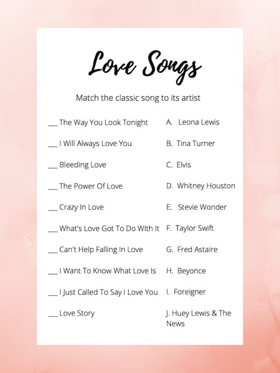 Love Songs Bridal Shower Game Etsy