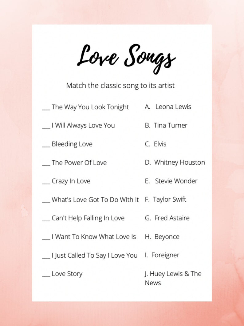 Love Songs Bridal Shower Game Etsy