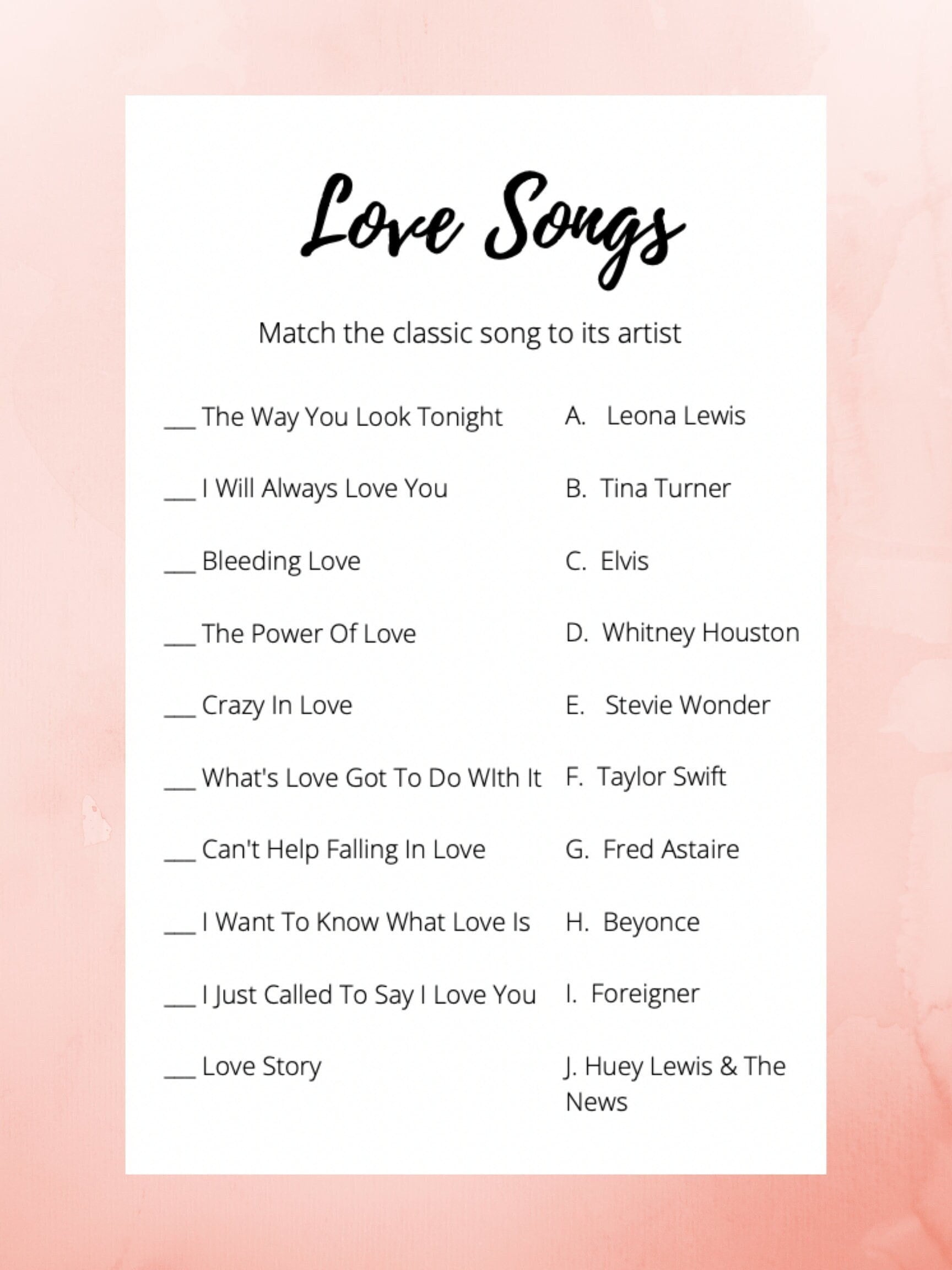 Love Songs Bridal Shower Game Etsy