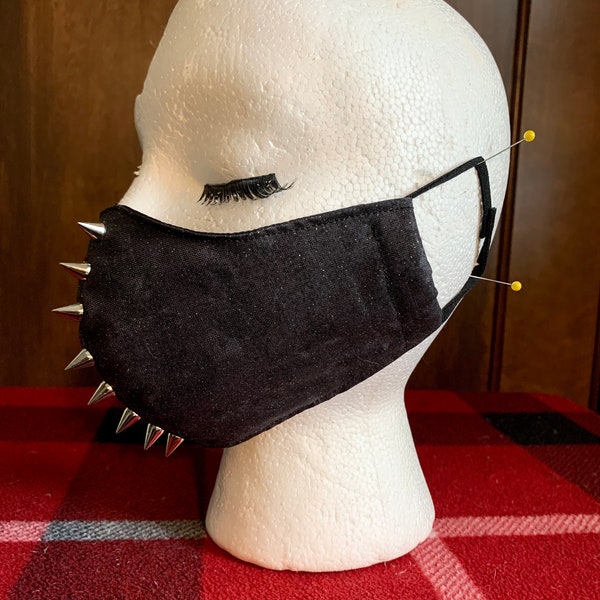 Cotton fabric face mask with spikes - black glitter