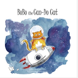 May include: A watercolor illustration of a cat wearing an astronaut helmet and riding a rocket ship in space. The cat is orange and white, and the rocket ship is white with a red nose. The background is a dark blue with white stars.