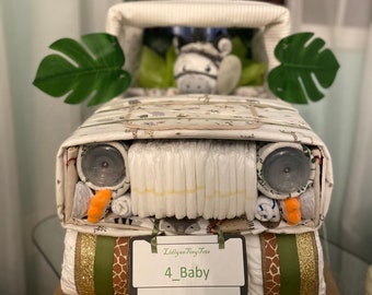 Diaper cake car 4x4 jungle safari theme for baby shower boy welcome baby centerpiece gift