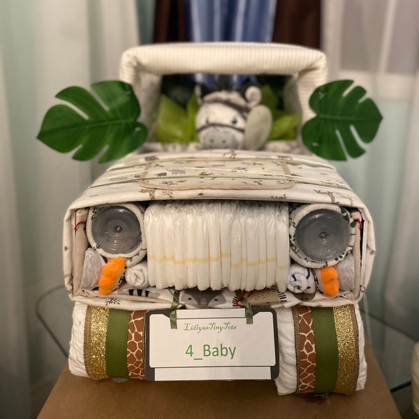 Diaper cake car 4x4 jungle safari theme for baby shower boy welcome baby centerpiece gift