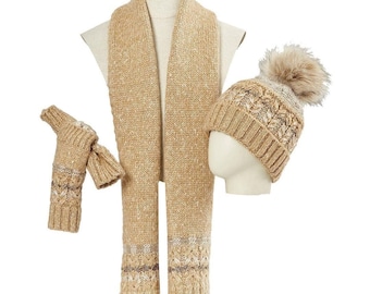 Pom Pom Hat Lined With Fleece Mittens Infinity Scarf Set  display picture 1