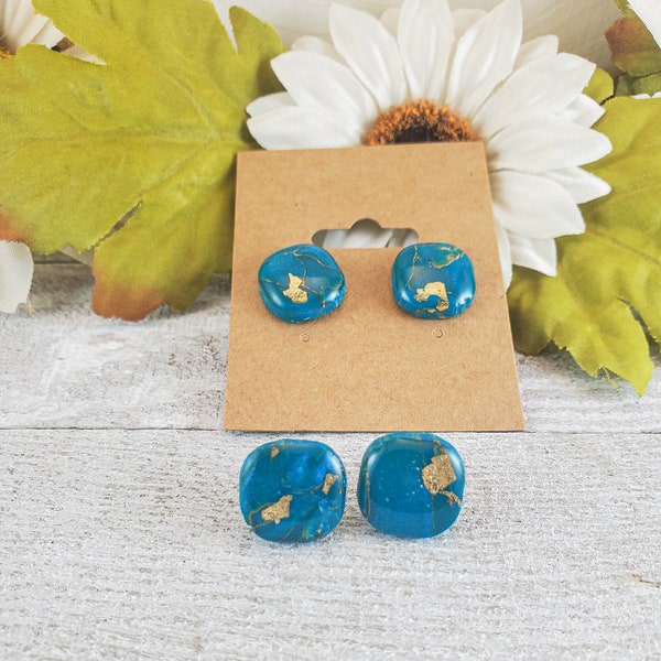 Faux Stone Clay Earrings| Peacock Blue Fuchsia Handmade Studs with Gold Accents| Statement Jewelry| Unique Gift for Her| Earring Lover Gift