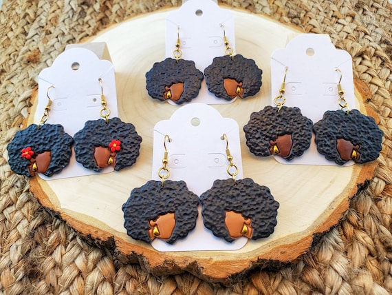 Black Afro Woman Earrings| Black Girl Earrings| Dangle Stud Earrings| Female Clay Jewelry| African Lady Accessory| Black Woman Owned