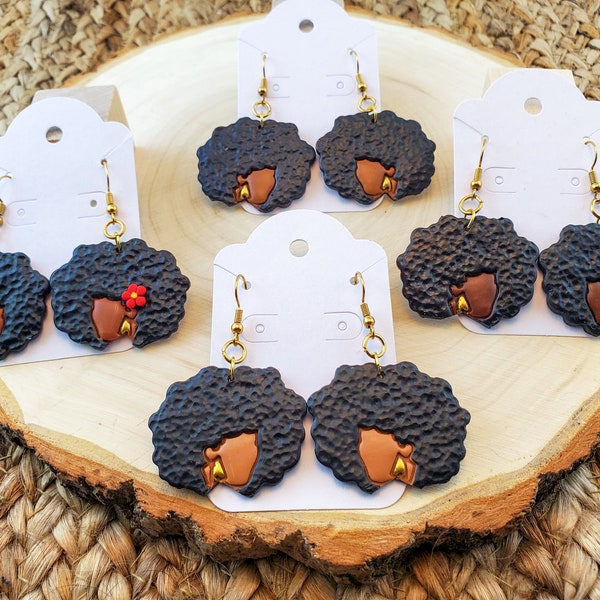 Black Afro Woman Earrings| Black Girl Earrings| Dangle Stud Earrings| Female Clay Jewelry| African Lady Accessory| Black Woman Owned