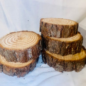 May include: A set of four wooden slices, each with a natural bark edge and a smooth, circular top. The slices are stacked on top of each other, creating a rustic and organic look.