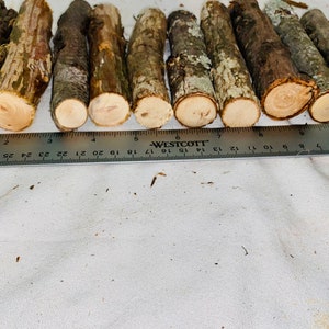 May include: A close-up of eight wooden sticks, each with a different diameter, laid out in a row. A ruler is placed below the sticks, showing measurements in inches.