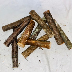 May include: A pile of small, brown and grey sticks of wood. The sticks are arranged in a random pattern on a white surface.