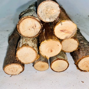 May include: A pile of brown and tan wooden logs with bark, stacked in a pyramid shape. The logs are cut into rounds and have a natural wood grain.