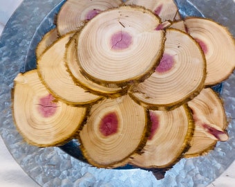 Natural Edge Cedar Craft Rounds - fresh  3 -4 inch diameter - set of 12 - aromatic cedar - rustic cedar slices - cedar circles