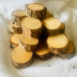 May include: A pile of small, circular wooden slices, each displaying growth rings and rough, textured bark. The wood is light brown in colour. These natural wood slices are suitable for crafts and rustic decor. Each slice is approximately 5 cm in diameter.