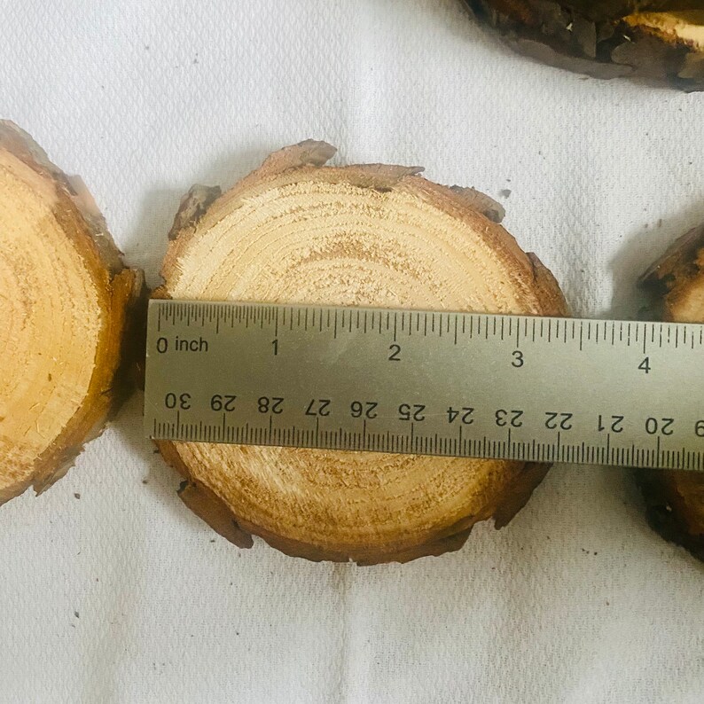 May include: A close-up of a wooden coaster with a ruler measuring 2.75 inches in diameter. The coaster is made of natural wood with a light brown color and a circular shape.
