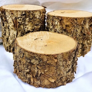 May include: Three wooden slices with bark, arranged in a stack, on a white fabric background. The wood is a light brown color and the bark is a darker brown.