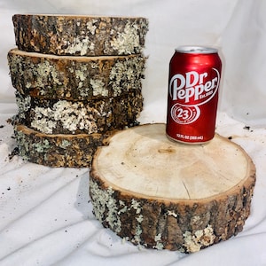 May include: Five wooden round slices stacked on top of each other. The slices are made of natural wood with a light brown color and have a rough texture. The slices are about 6 inches in diameter. A can of Dr Pepper is sitting on top of the slices. The can is red with white lettering and the words "Dr Pepper Est. 1885" are printed on the can.