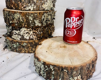 May include: Five wooden round slices stacked on top of each other. The slices are made of natural wood with a light brown color and have a rough texture. The slices are about 6 inches in diameter. A can of Dr Pepper is sitting on top of the slices. The can is red with white lettering and the words "Dr Pepper Est. 1885" are printed on the can.