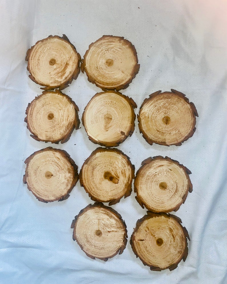 May include: Ten round wooden coasters with a natural wood finish. The coasters are made from tree slices and have a rustic look.