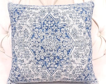 Carpet Inspired Cushion Cover, Blue Design, Antique look textured pillow cover, Rug design Cover 16 X16