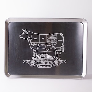 Engraved BBQ Butchers Cow Cut Grilling Accessory | Meat Prep Tray | Gift for him | 13" x 18" 19 Gauge