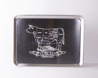 Engraved BBQ Butchers Cow Cut Grilling Accessory | Meat Prep Tray | Gift for him | 13" x 18" 19 Gauge