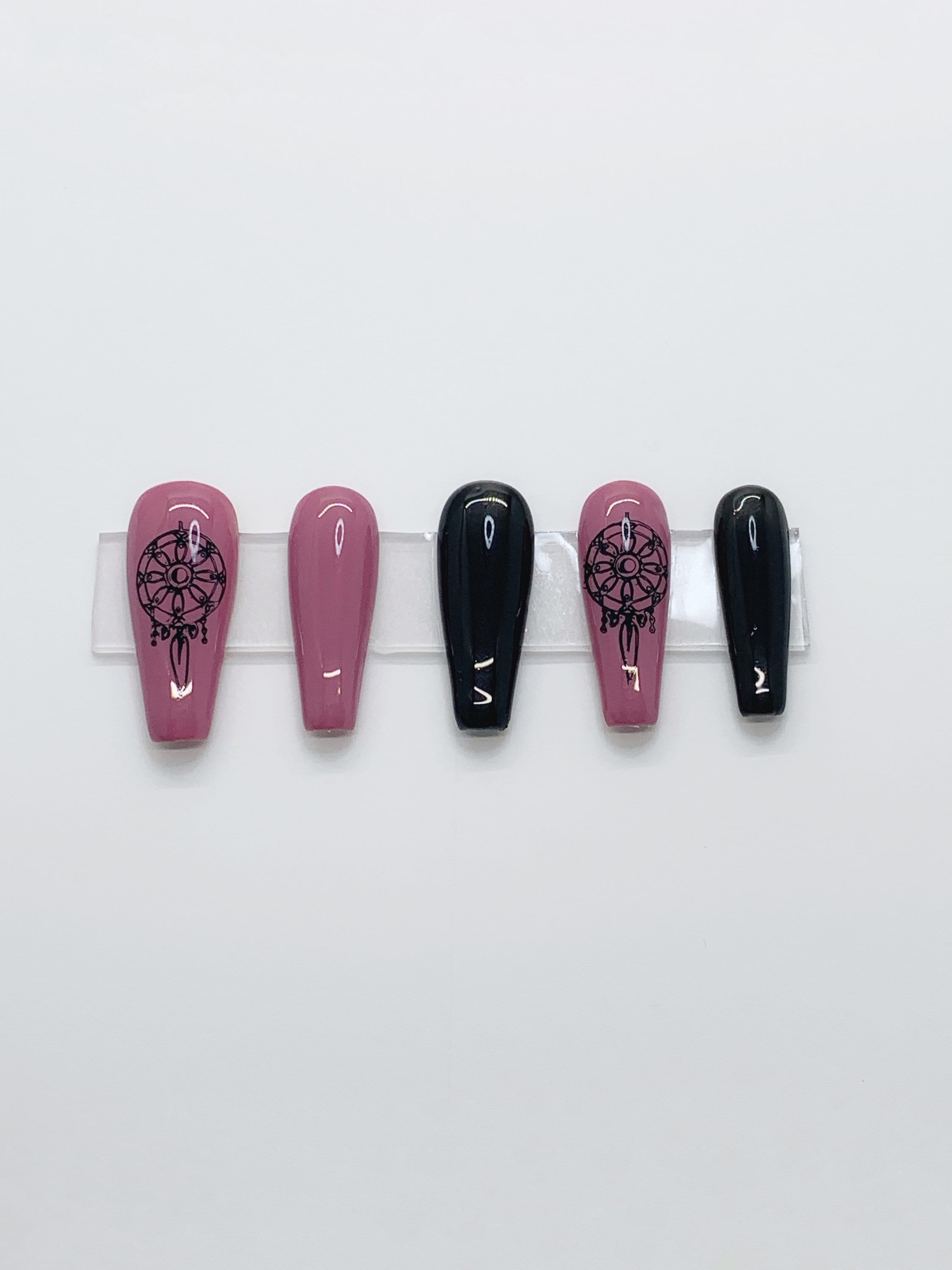 Pink Black Press on Nails Fake Nails Acrylic Gel Pink Nails - Etsy