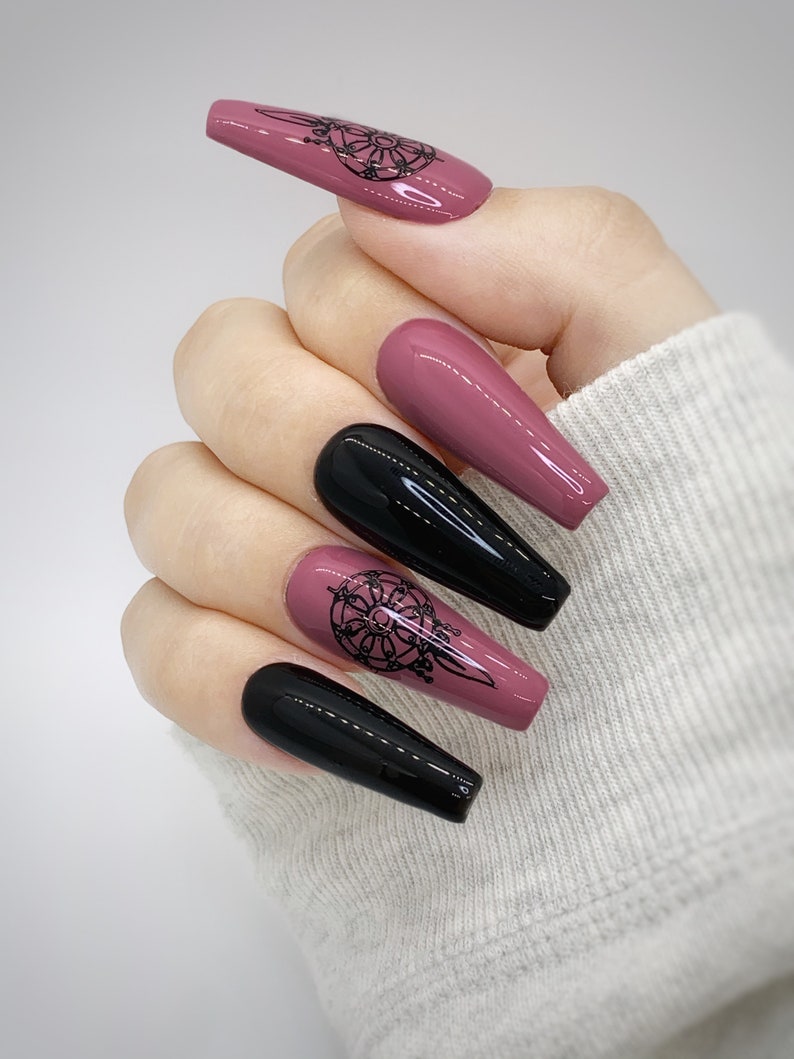 Pink Black Press on Nails Fake Nails Acrylic Gel Pink Nails - Etsy