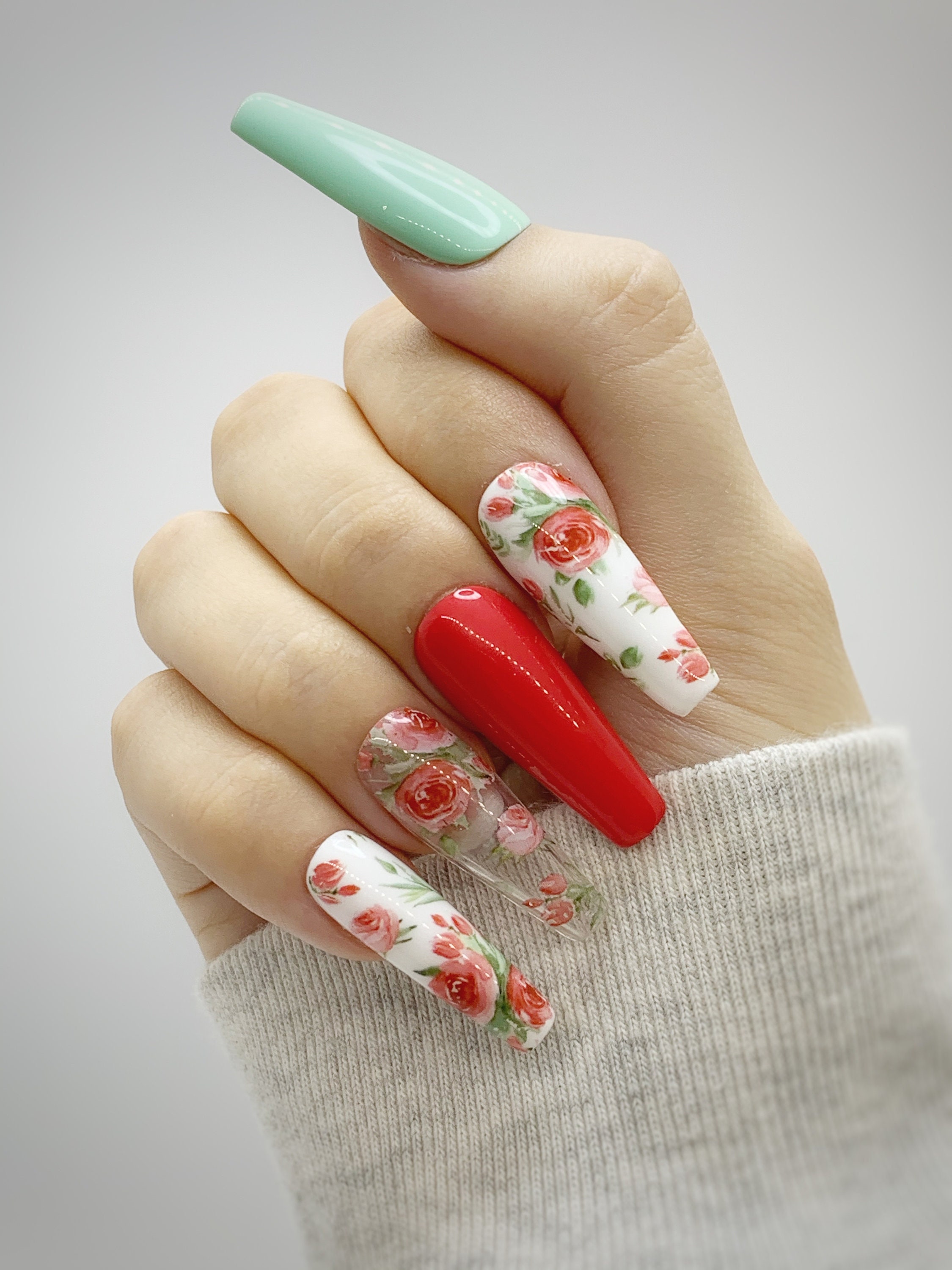 rose press on nails floral rose flower nails flower print etsy israel