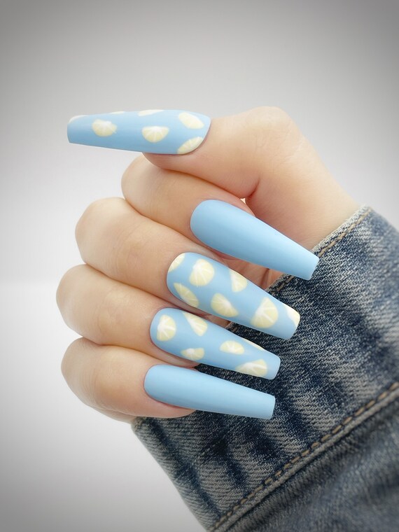 Lemon Press On Nails Blue Nails Fruit Design Food Nails Etsy Uk