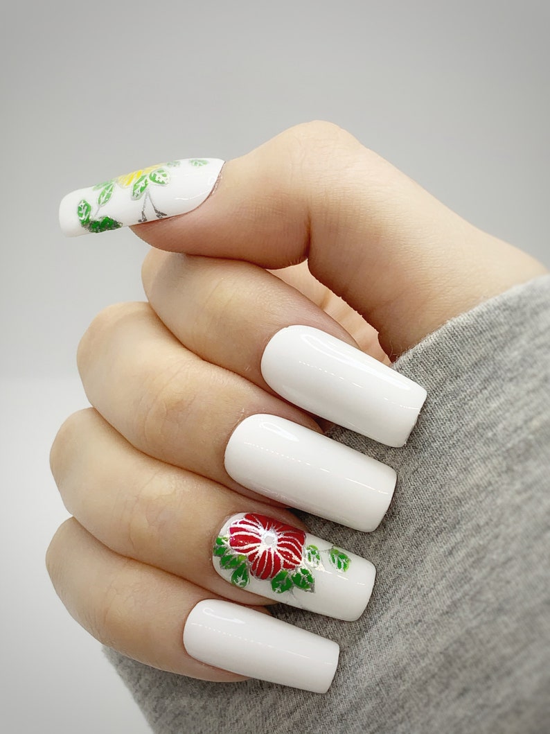 Red Flower Press on Nails Yellow Flower Nails Flower Art Etsy