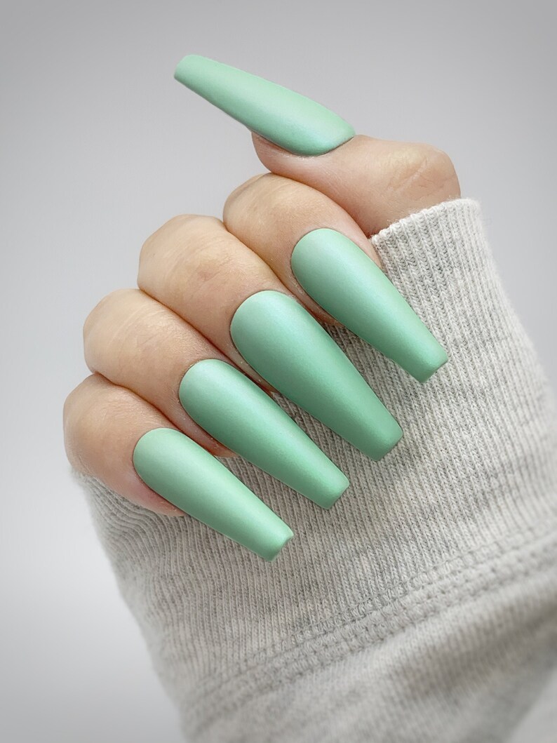 Green Press on Nails Acrylic Glue on Nails Gel Long Coffin - Etsy